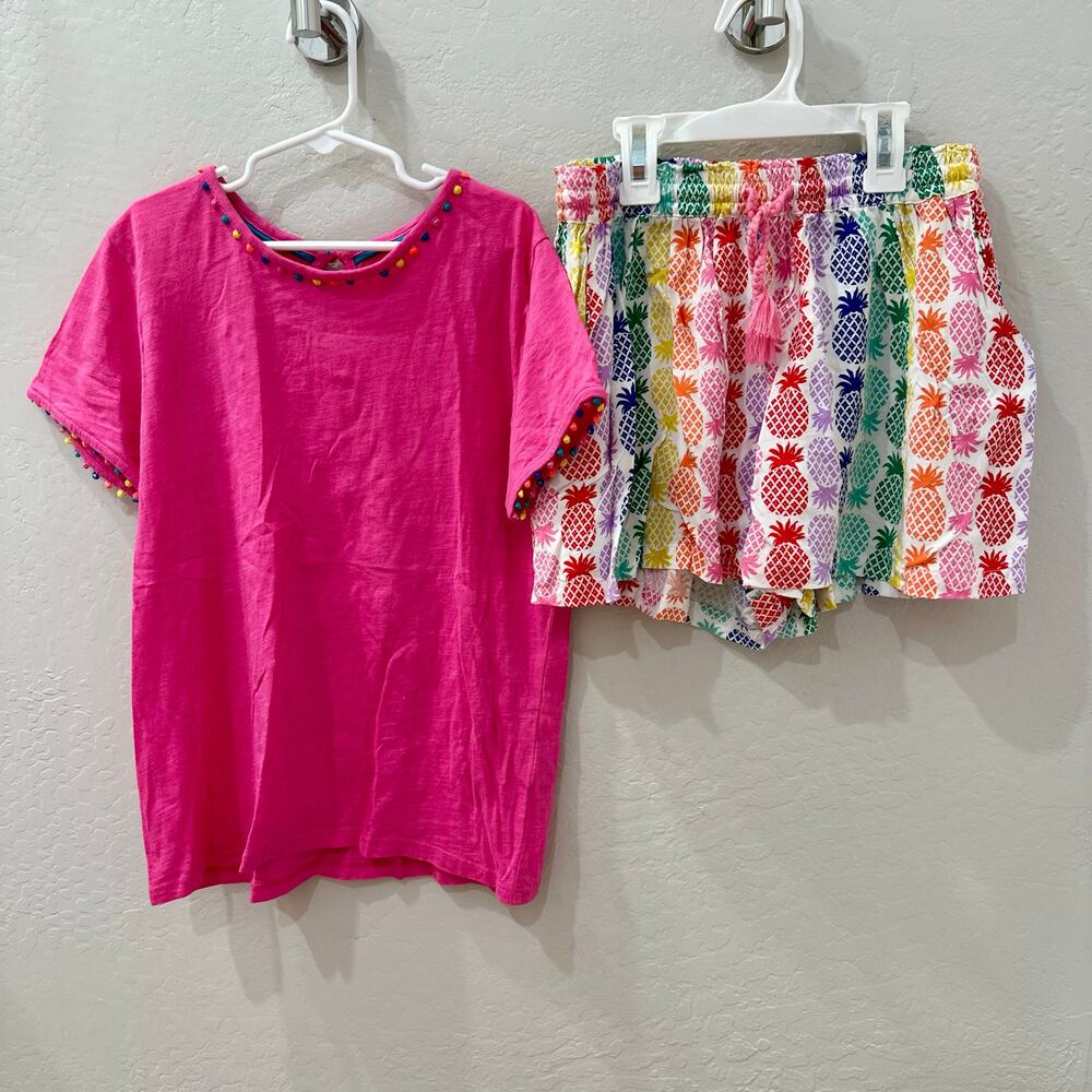 Mini Boden Pink Pom Shirt & Rainbow Pineapple Shorts Outfit